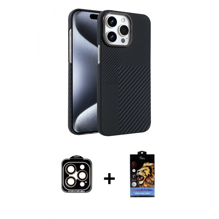MARSİLYAN™- iPhone 15 Pro Max Kılıf Doruk Serisi - Siyah Buffer Hayalet Cam Ekran Koruyucu + Turuncu PVD Metal Kamera Lens