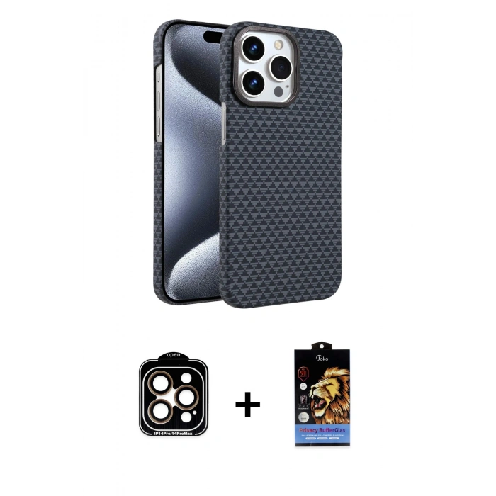 MARSİLYAN™- iPhone 15 Pro Max Kılıf Doruk Serisi - Siyah Buffer Hayalet Cam Ekran Koruyucu + Turuncu PVD Metal Kamera Lens