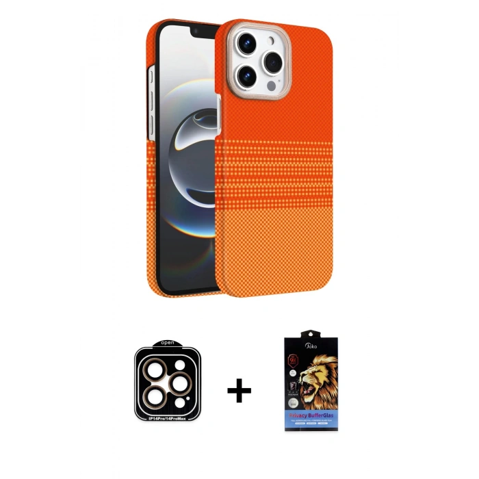 MARSİLYAN™- iPhone 15 Pro Max Kılıf Doruk Serisi - Siyah Buffer Hayalet Cam Ekran Koruyucu + Turuncu PVD Metal Kamera Lens