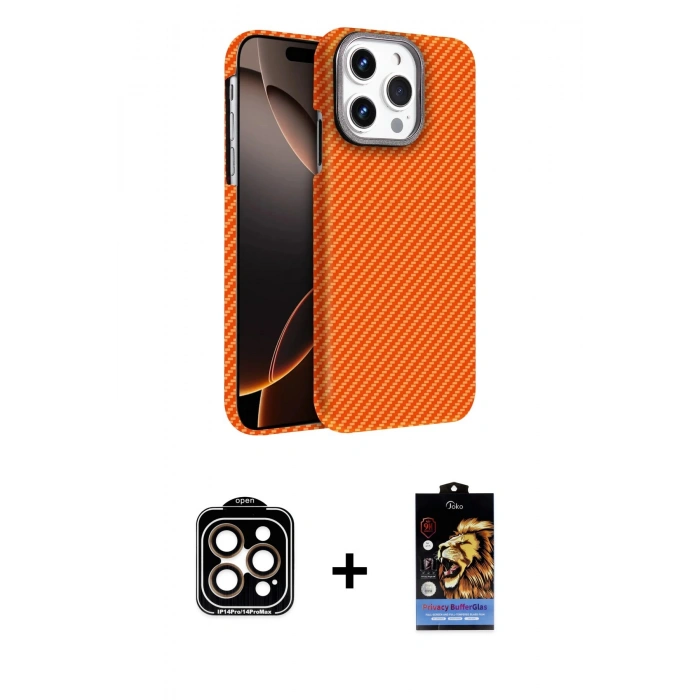MARSİLYAN™- iPhone 15 Pro Max Kılıf Doruk Serisi - Siyah Buffer Hayalet Cam Ekran Koruyucu + Turuncu PVD Metal Kamera Lens
