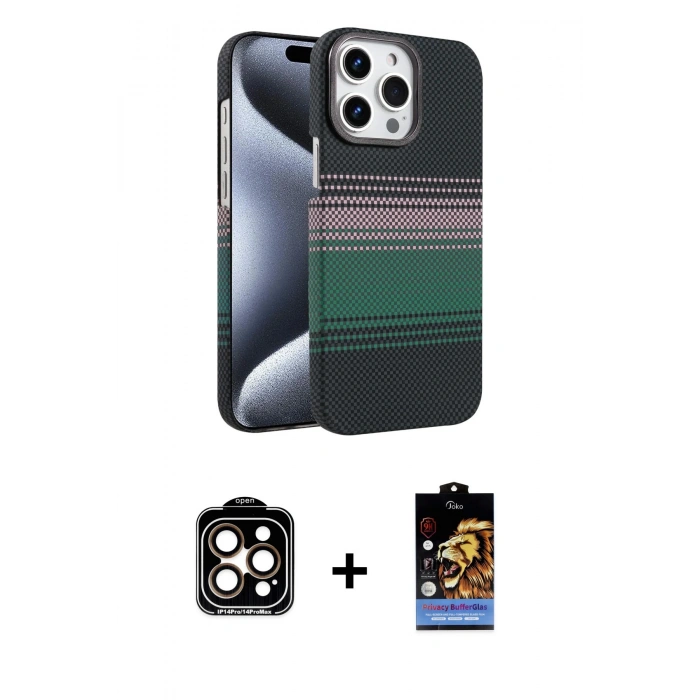 MARSİLYAN™- iPhone 15 Pro Max Kılıf Doruk Serisi - Siyah Buffer Hayalet Cam Ekran Koruyucu + Turuncu PVD Metal Kamera Lens