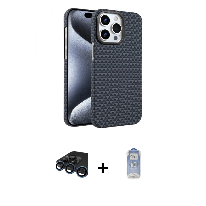 MARSİLYAN™- iPhone 15 Pro Max Kılıf Doruk Serisi - Siyah Joko Magic 5D Cam + Raze Metal Kamera Lens - LT