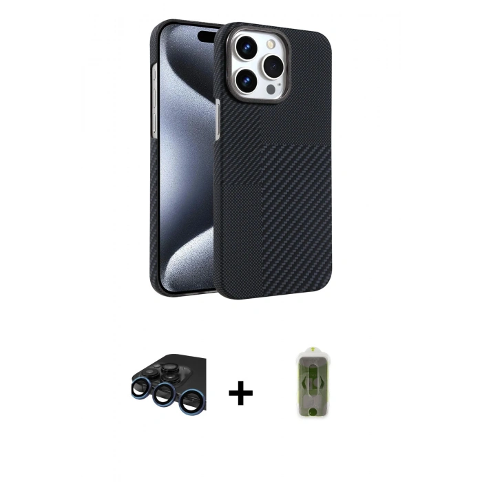 MARSİLYAN™- iPhone 15 Pro Max Kılıf Doruk Serisi - Siyah Joko Magic 5D Hayalet Cam + Raze Metal Kamera Lens - LT