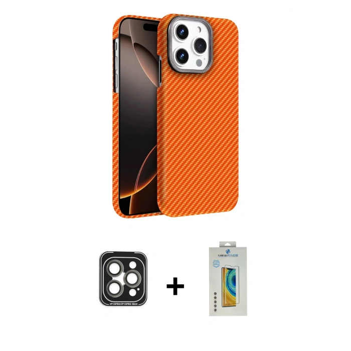 MARSİLYAN™- iPhone 15 Pro Max Kılıf Doruk Serisi - Siyah Polymer Nano Ekran Koruyucu + PVD Metal Kamera Lens - GI