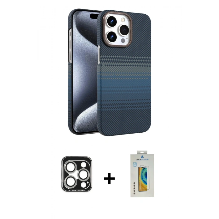 MARSİLYAN™- iPhone 15 Pro Max Kılıf Doruk Serisi - Siyah Polymer Nano Ekran Koruyucu + PVD Metal Kamera Lens - GS