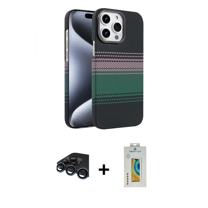 MARSİLYAN™- iPhone 15 Pro Max Kılıf Doruk Serisi - Siyah Polymer Nano Ekran Koruyucu + Raze Metal Kamera Lens - LT