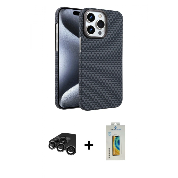 MARSİLYAN™- iPhone 15 Pro Max Kılıf Doruk Serisi - Siyah Polymer Nano Ekran Koruyucu + Raze Metal Kamera Lens - TMGI