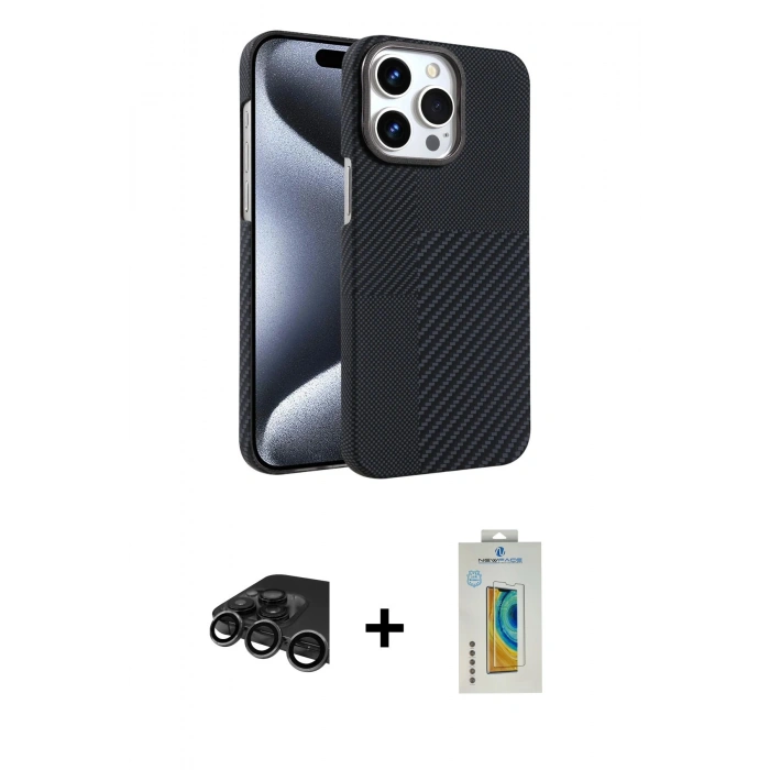 MARSİLYAN™- iPhone 15 Pro Max Kılıf Doruk Serisi - Siyah Polymer Nano Ekran Koruyucu + Raze Metal Kamera Lens - TMGI