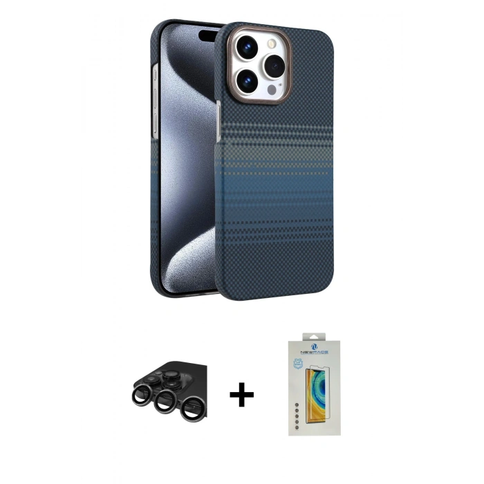 MARSİLYAN™- iPhone 15 Pro Max Kılıf Doruk Serisi - Siyah Polymer Nano Ekran Koruyucu + Raze Metal Kamera Lens - TMGI