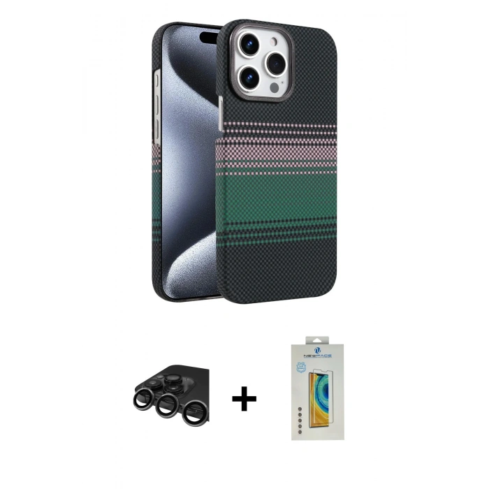 MARSİLYAN™- iPhone 15 Pro Max Kılıf Doruk Serisi - Siyah Polymer Nano Ekran Koruyucu + Raze Metal Kamera Lens - TMGI