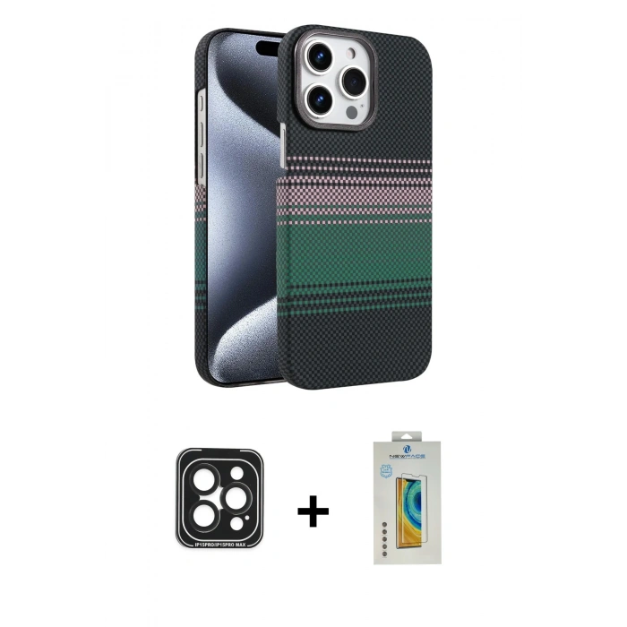 MARSİLYAN™- iPhone 15 Pro Max Kılıf Doruk Serisi - Siyah Polymer Nano Ekran Koruyucu + PVD Metal Kamera Lens - SH