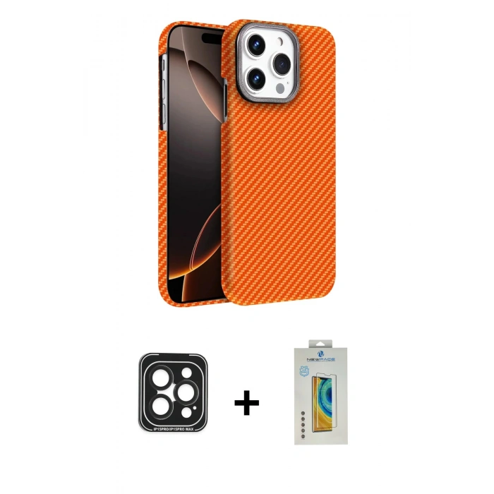 MARSİLYAN™- iPhone 15 Pro Max Kılıf Doruk Serisi - Siyah Polymer Nano Ekran Koruyucu + PVD Metal Kamera Lens - SH