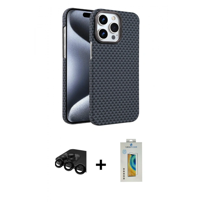 MARSİLYAN™- iPhone 15 Pro Max Kılıf Doruk Serisi - Siyah Polymer Nano Ekran Koruyucu + Raze Metal Kamera Lens - SH