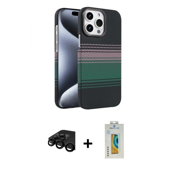 MARSİLYAN™- iPhone 15 Pro Max Kılıf Doruk Serisi - Siyah Polymer Nano Ekran Koruyucu + Raze Metal Kamera Lens - SH