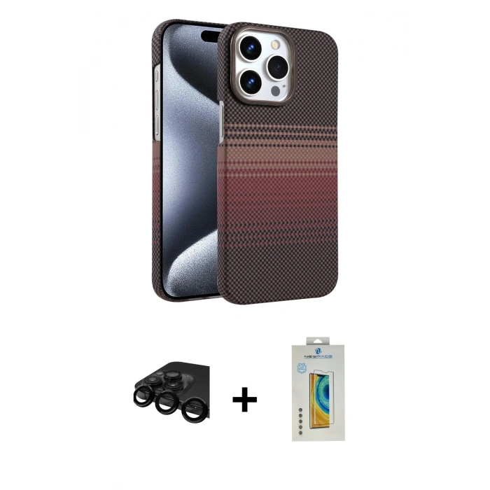 MARSİLYAN™- iPhone 15 Pro Max Kılıf Doruk Serisi - Siyah Polymer Nano Ekran Koruyucu + Raze Metal Kamera Lens - SH