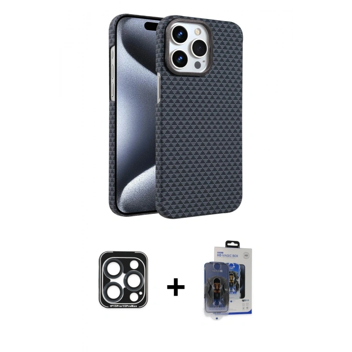 MARSİLYAN™- iPhone 15 Pro Max Kılıf Doruk Serisi - Siyah Vanessa Magic Cam + PVD Metal Kamera Lens - LT