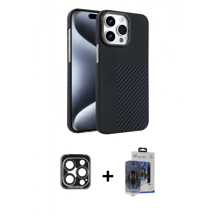 MARSİLYAN™- iPhone 15 Pro Max Kılıf Doruk Serisi - Siyah Vanessa Magic Cam + PVD Metal Kamera Lens - LT