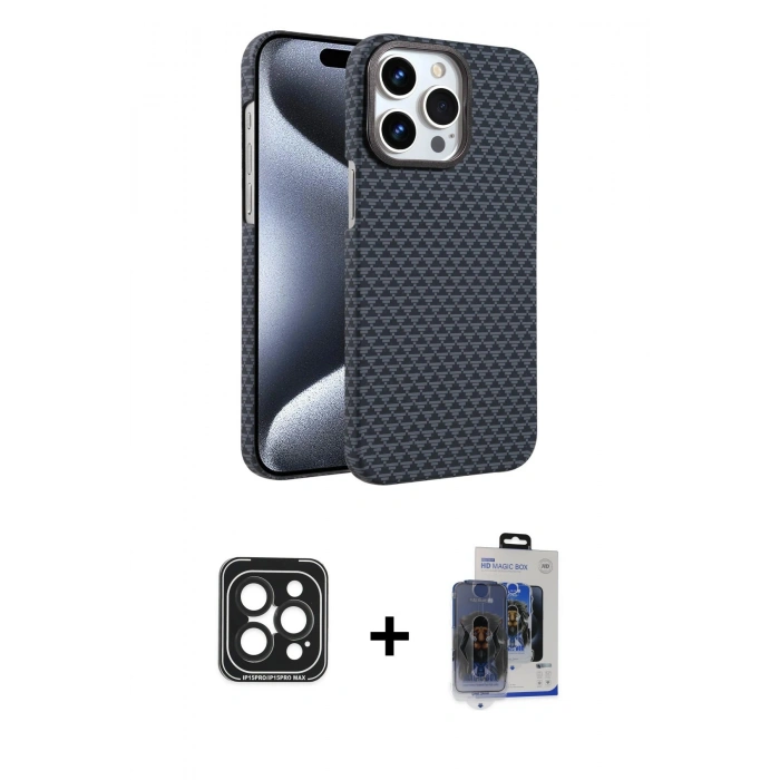 MARSİLYAN™- iPhone 15 Pro Max Kılıf Doruk Serisi - Siyah Vanessa Magic Cam + PVD Metal Kamera Lens - SH