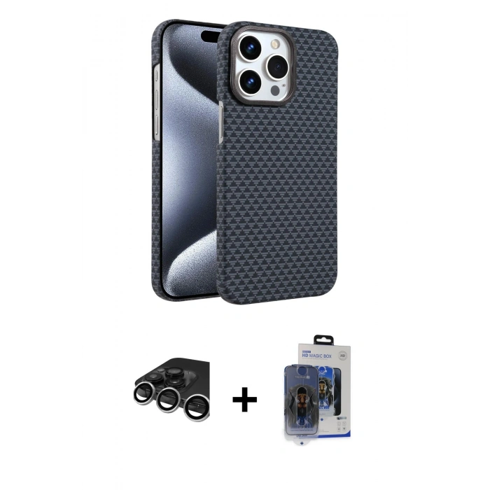 MARSİLYAN™- iPhone 15 Pro Max Kılıf Doruk Serisi - Siyah Vanessa Magic Cam + Raze Metal Kamera Lens - GS