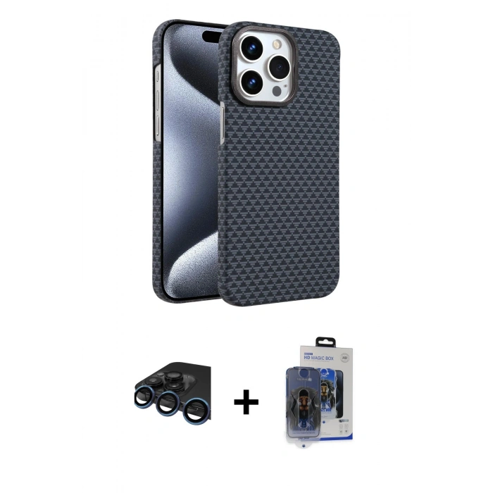 MARSİLYAN™- iPhone 15 Pro Max Kılıf Doruk Serisi - Siyah Vanessa Magic Cam + Raze Metal Kamera Lens - LT