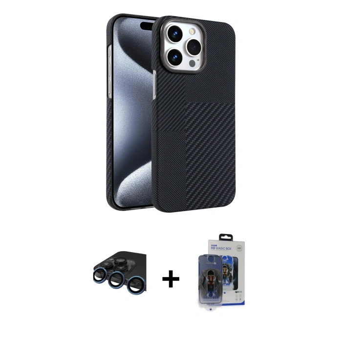 MARSİLYAN™- iPhone 15 Pro Max Kılıf Doruk Serisi - Siyah Vanessa Magic Cam + Raze Metal Kamera Lens - LT