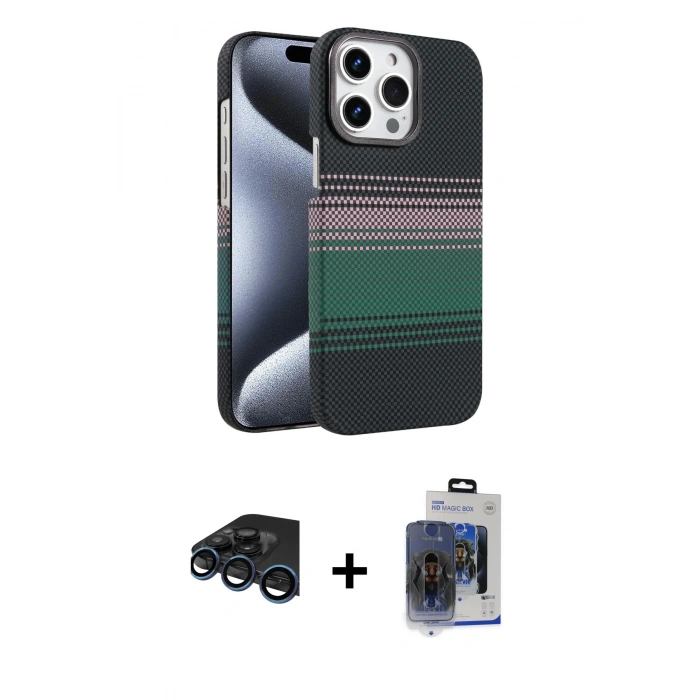 MARSİLYAN™- iPhone 15 Pro Max Kılıf Doruk Serisi - Siyah Vanessa Magic Cam + Raze Metal Kamera Lens - LT