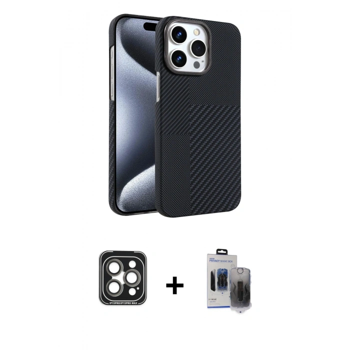 MARSİLYAN™- iPhone 15 Pro Max Kılıf Doruk Serisi - Siyah Vanessa Magic Hayalet Cam + PVD Metal Kamera Lens - GI