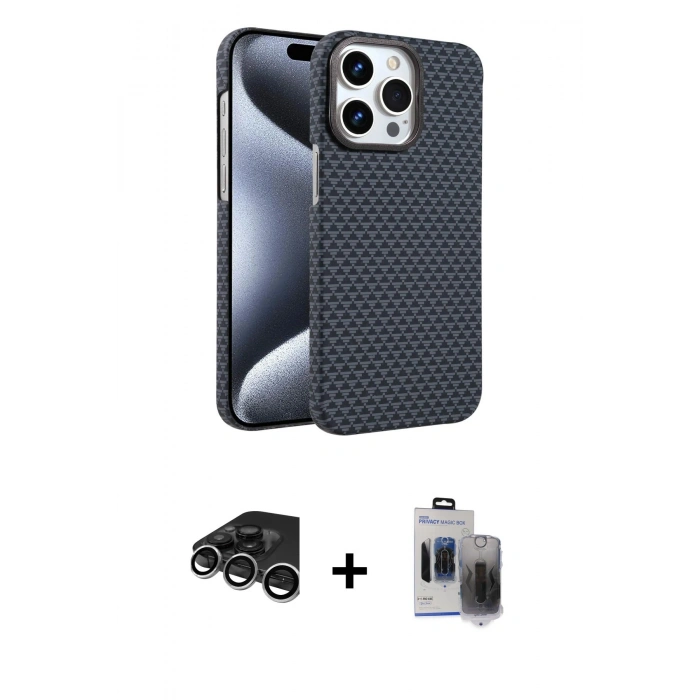 MARSİLYAN™- iPhone 15 Pro Max Kılıf Doruk Serisi - Siyah Vanessa Magic Hayalet Cam + Raze Metal Kamera Lens - GS