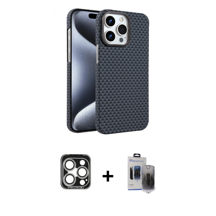 MARSİLYAN™- iPhone 15 Pro Max Kılıf Doruk Serisi - Siyah Vanessa Magic Hayalet Cam + PVD Metal Kamera Lens - GS