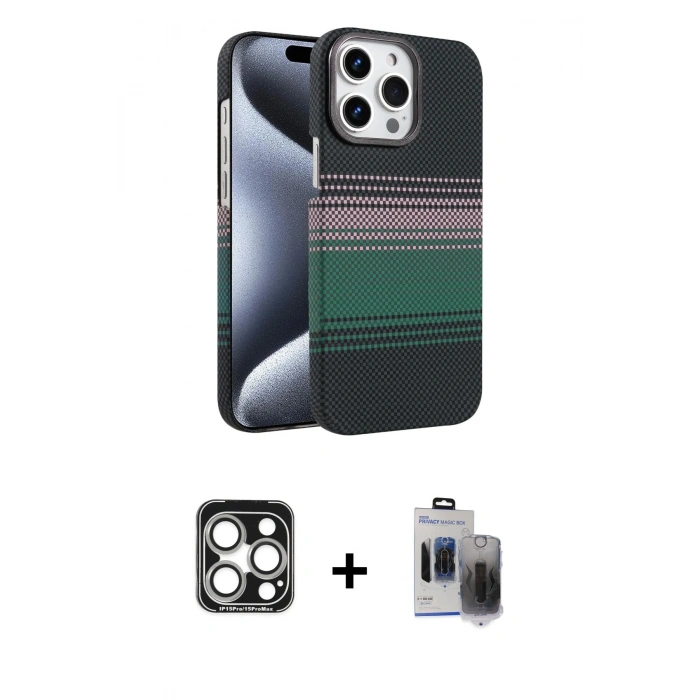 MARSİLYAN™- iPhone 15 Pro Max Kılıf Doruk Serisi - Siyah Vanessa Magic Hayalet Cam + PVD Metal Kamera Lens - GS