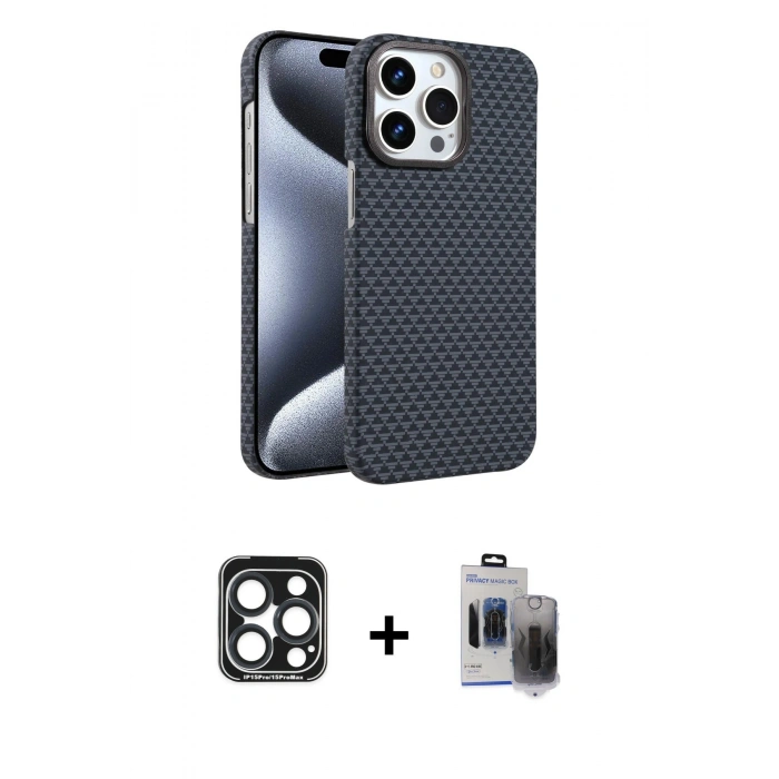 MARSİLYAN™- iPhone 15 Pro Max Kılıf Doruk Serisi - Siyah Vanessa Magic Hayalet Cam + PVD Metal Kamera Lens - LT