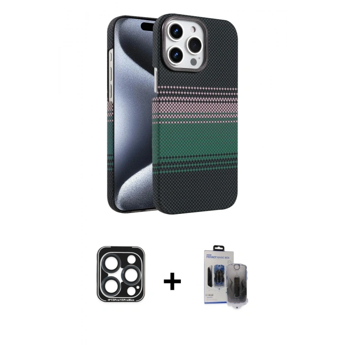 MARSİLYAN™- iPhone 15 Pro Max Kılıf Doruk Serisi - Siyah Vanessa Magic Hayalet Cam + PVD Metal Kamera Lens - LT