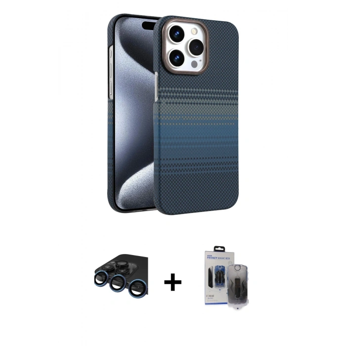 MARSİLYAN™- iPhone 15 Pro Max Kılıf Doruk Serisi - Siyah Vanessa Magic Hayalet Cam + Raze Metal Kamera Lens - LT