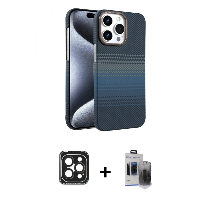 MARSİLYAN™- iPhone 15 Pro Max Kılıf Doruk Serisi - Siyah Vanessa Magic Hayalet Cam + PVD Metal Kamera Lens - SH