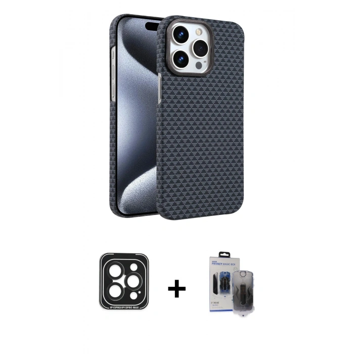 MARSİLYAN™- iPhone 15 Pro Max Kılıf Doruk Serisi - Siyah Vanessa Magic Hayalet Cam + PVD Metal Kamera Lens - SH
