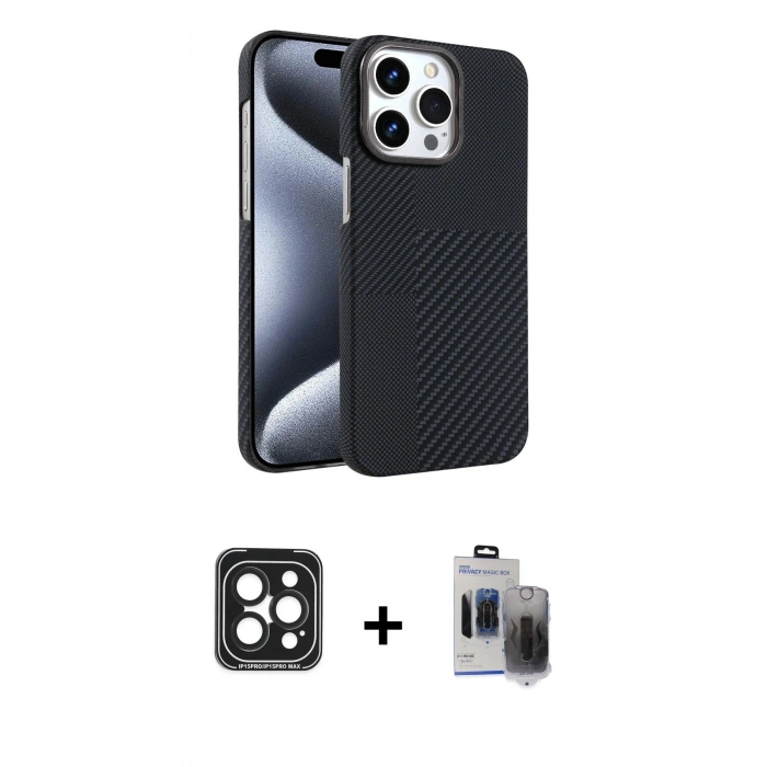 MARSİLYAN™- iPhone 15 Pro Max Kılıf Doruk Serisi - Siyah Vanessa Magic Hayalet Cam + PVD Metal Kamera Lens - SH