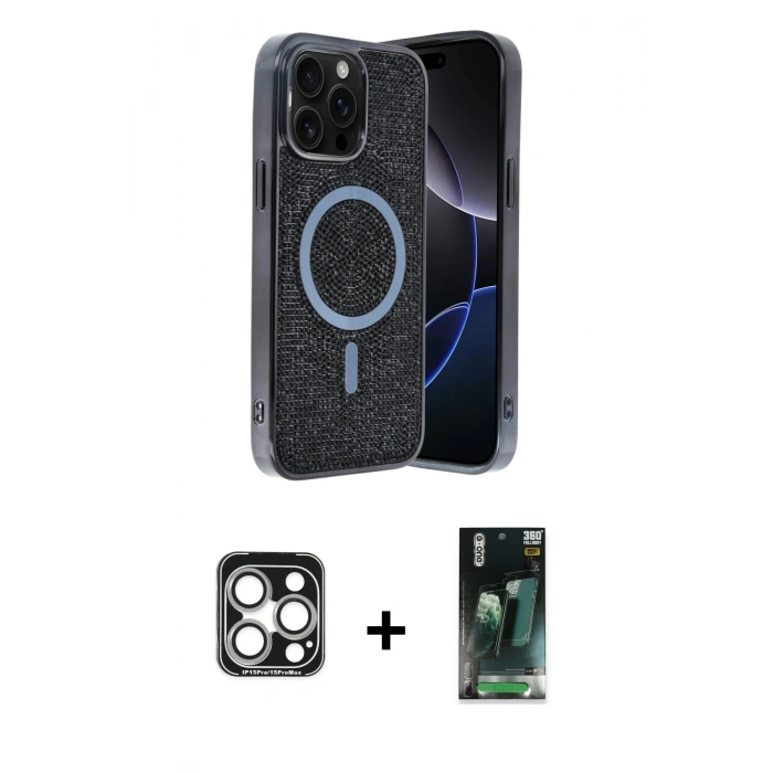 MARSİLYAN™- iPhone 15 Pro Max Kılıf Eksen Çizgi - Şeffaf 360 Full Body Arka Koruyucu + PVD Metal Kamera Lens - GS