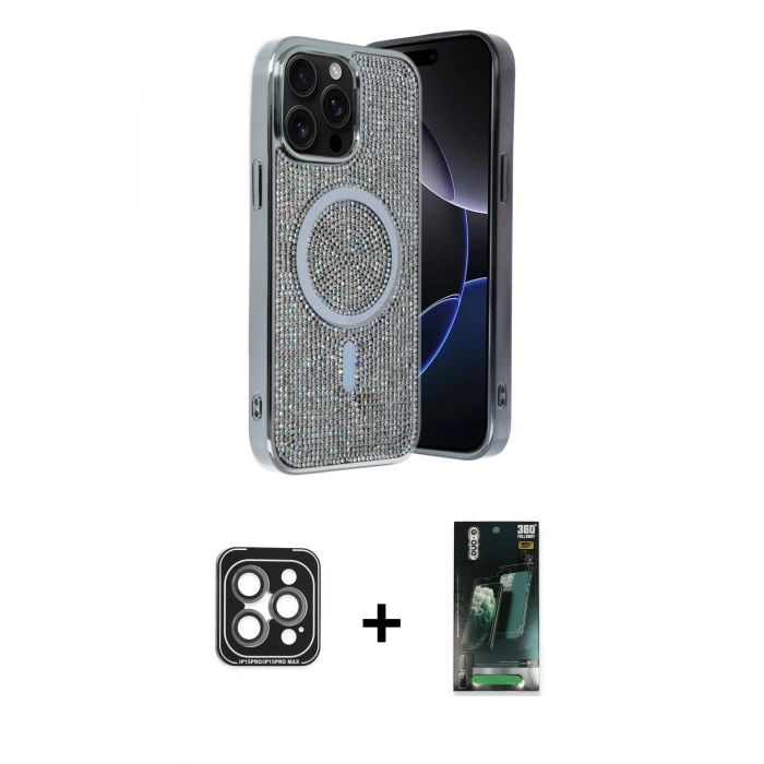 MARSİLYAN™- iPhone 15 Pro Max Kılıf Eksen Çizgi - Şeffaf 360 Full Body Arka Koruyucu + PVD Metal Kamera Lens - GI
