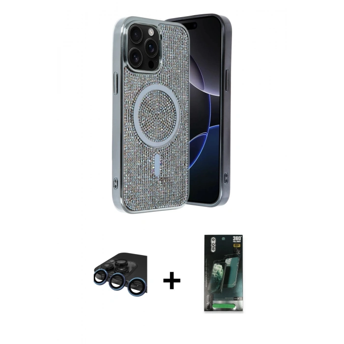 MARSİLYAN™- iPhone 15 Pro Max Kılıf Eksen Çizgi - Şeffaf 360 Full Body Arka Koruyucu + Raze Metal Kamera Lens - LT