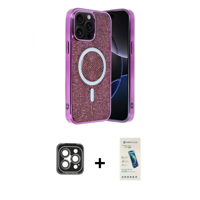 MARSİLYAN™- iPhone 15 Pro Max Kılıf Eksen Çizgi - Şeffaf Pasifik Cam Ekran Koruyucu + PVD Metal Kamera Lens - GI
