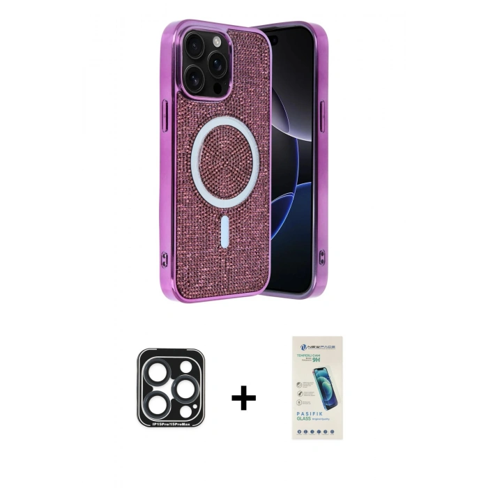 MARSİLYAN™- iPhone 15 Pro Max Kılıf Eksen Çizgi - Şeffaf Pasifik Cam Ekran Koruyucu + PVD Metal Kamera Lens - LT