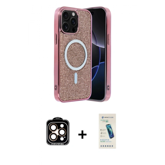 MARSİLYAN™- iPhone 15 Pro Max Kılıf Eksen Çizgi - Şeffaf Pasifik Cam Ekran Koruyucu + PVD Metal Kamera Lens - TU