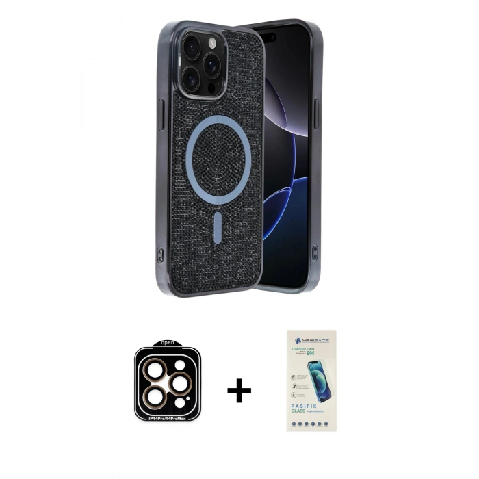 MARSİLYAN™- iPhone 15 Pro Max Kılıf Eksen Çizgi - Şeffaf Pasifik Cam Ekran Koruyucu + PVD Metal Kamera Lens - TU