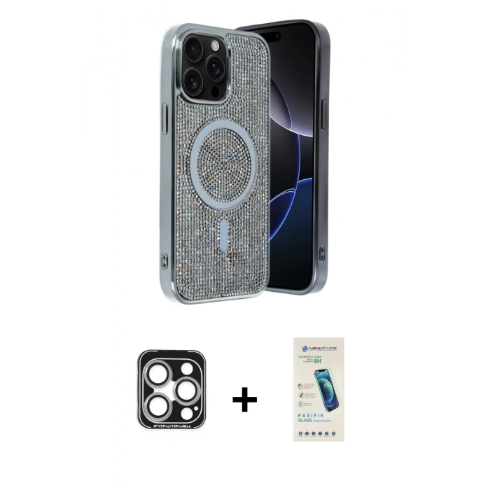 MARSİLYAN™- iPhone 15 Pro Max Kılıf Eksen Çizgi - Şeffaf Pasifik Cam Ekran Koruyucu + PVD Metal Kamera Lens - GS