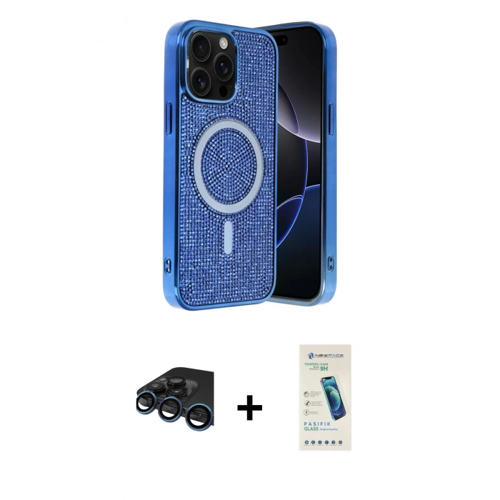 MARSİLYAN™- iPhone 15 Pro Max Kılıf Eksen Çizgi - Şeffaf Pasifik Cam Ekran Koruyucu + Raze Metal Kamera Lens - LT