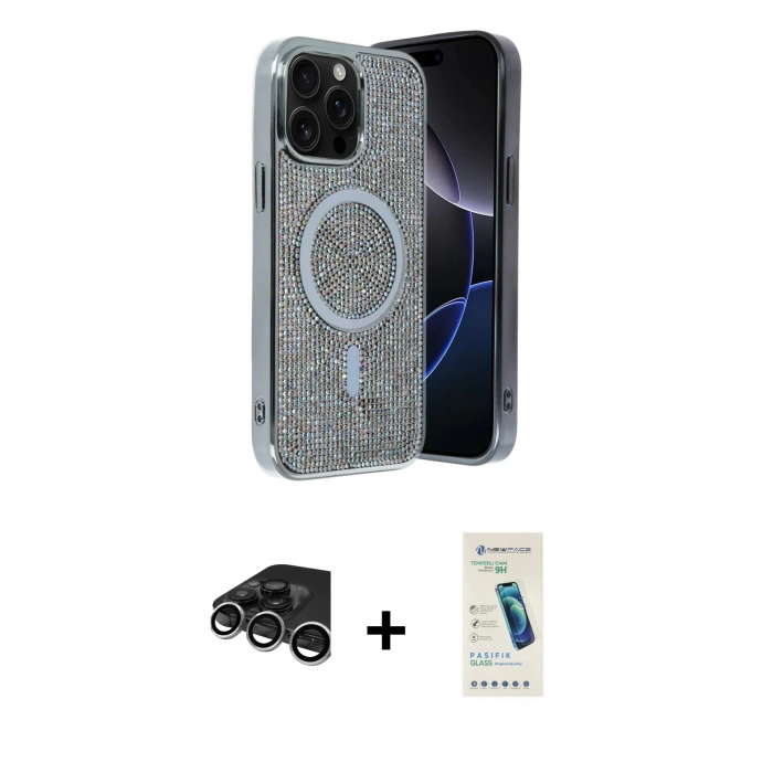 MARSİLYAN™- iPhone 15 Pro Max Kılıf Eksen Çizgi - Şeffaf Pasifik Cam Ekran Koruyucu + Raze Metal Kamera Lens - GS