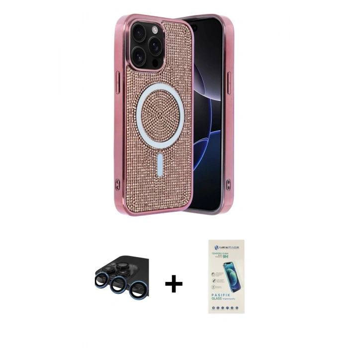 MARSİLYAN™- iPhone 15 Pro Max Kılıf Eksen Çizgi - Şeffaf Pasifik Cam Ekran Koruyucu + Raze Metal Kamera Lens - LT