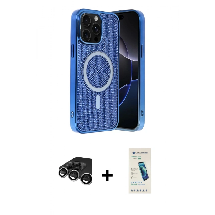 MARSİLYAN™- iPhone 15 Pro Max Kılıf Eksen Çizgi - Şeffaf Pasifik Cam Ekran Koruyucu + Raze Metal Kamera Lens - GS