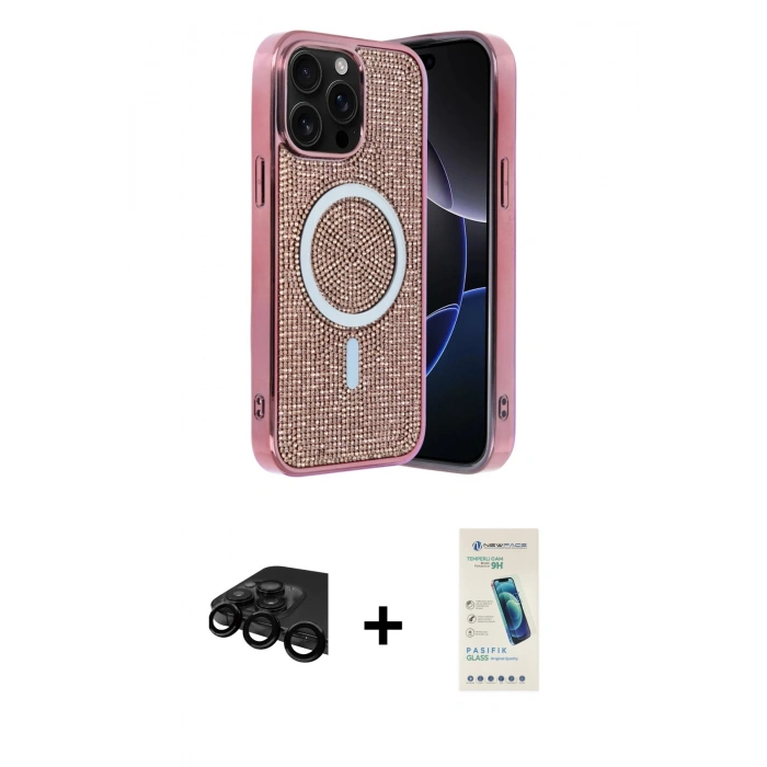 MARSİLYAN™- iPhone 15 Pro Max Kılıf Eksen Çizgi - Şeffaf Pasifik Cam Ekran Koruyucu + Raze Metal Kamera Lens - SH