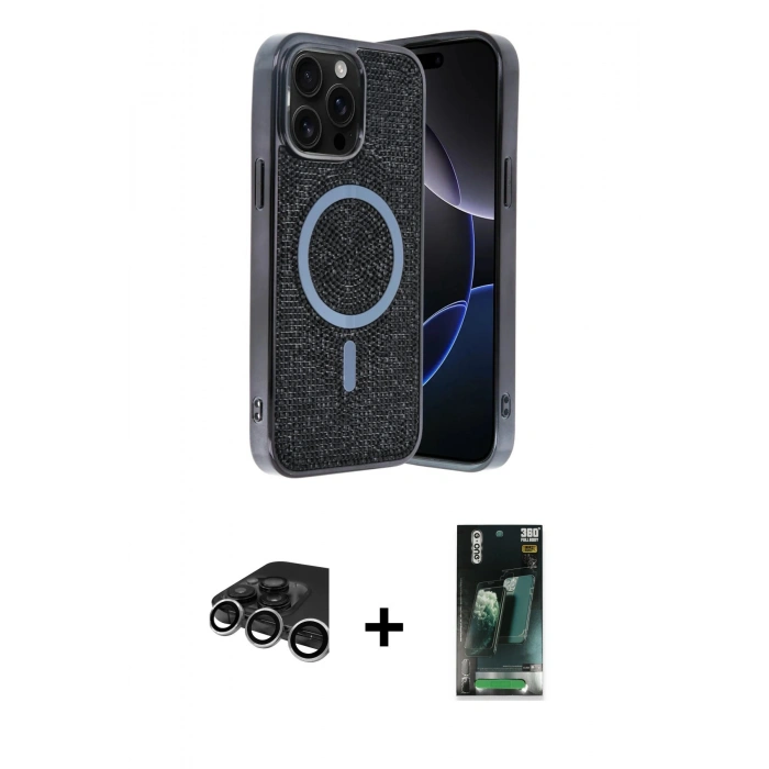 MARSİLYAN™- iPhone 15 Pro Max Kılıf Eksen Çizgi - Siyah 360 Mat Full Body Arka Koruyucu + Raze Metal Kamera Lens - GS